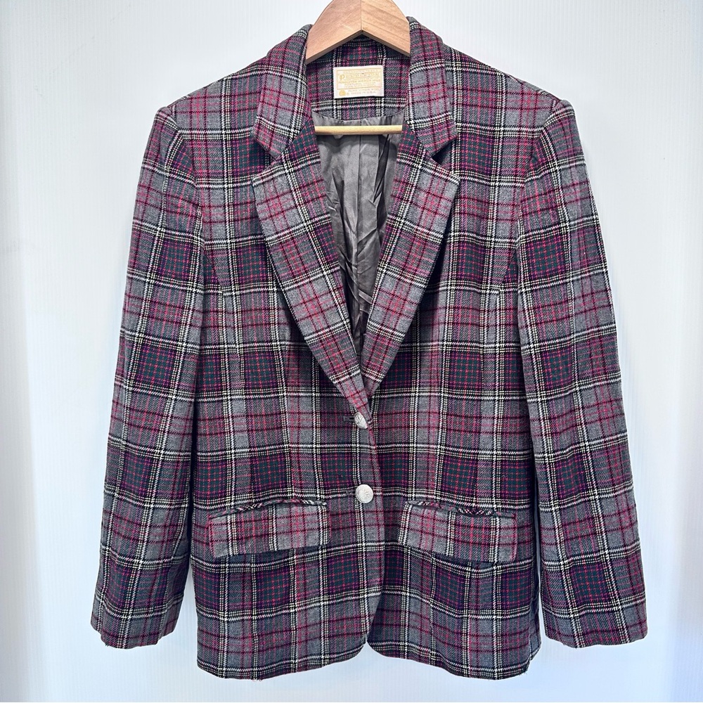Vtg Pendleton Virgin Wool Blazer Women 8 Red Gray Anderson Scottish Tartan Plaid